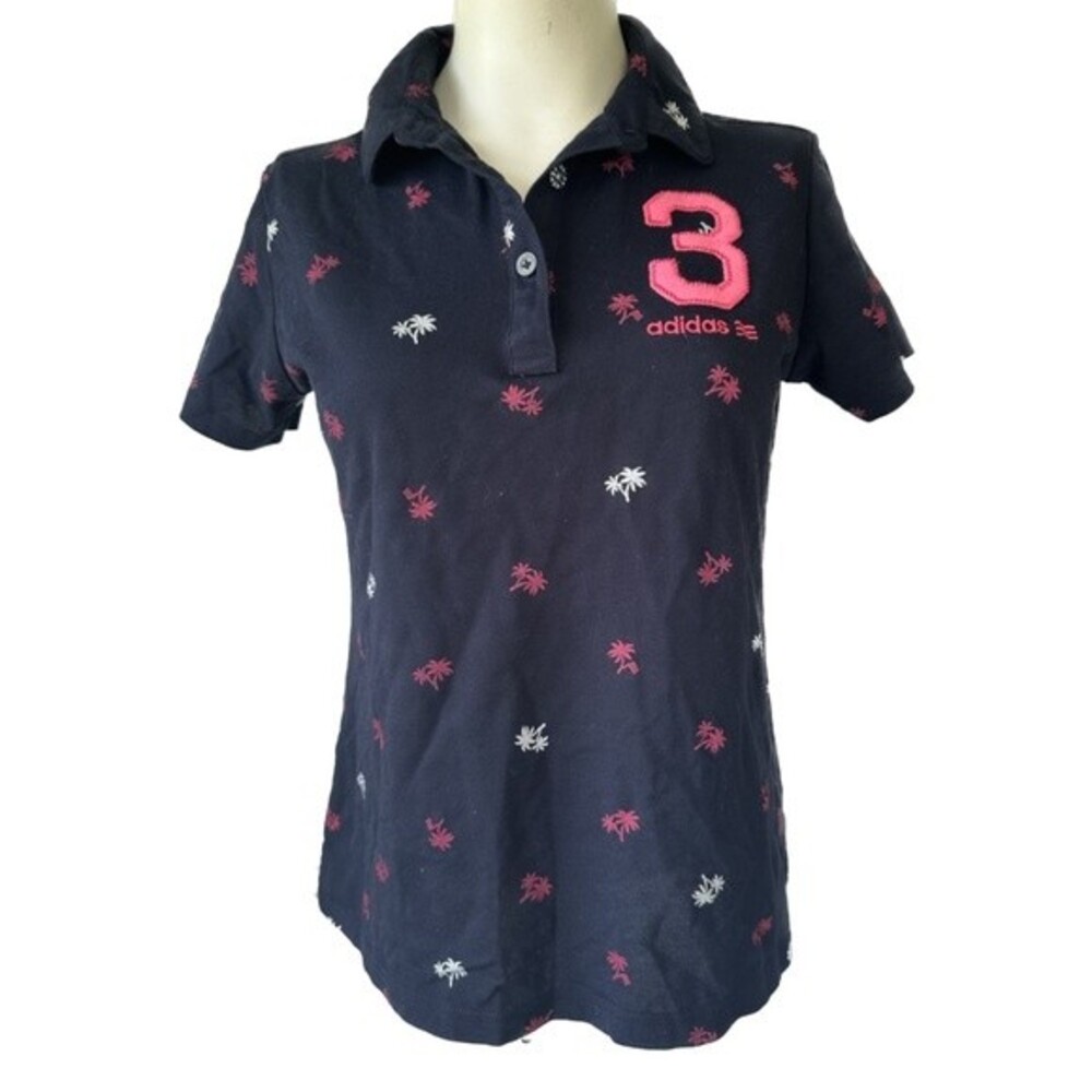Adidas Girl's Navy Blue Athletic Palm Trees Pullover Polo Shirt L